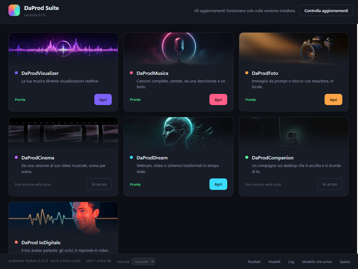 La home di DaProd Suite: le schede delle app, una accanto all'altra