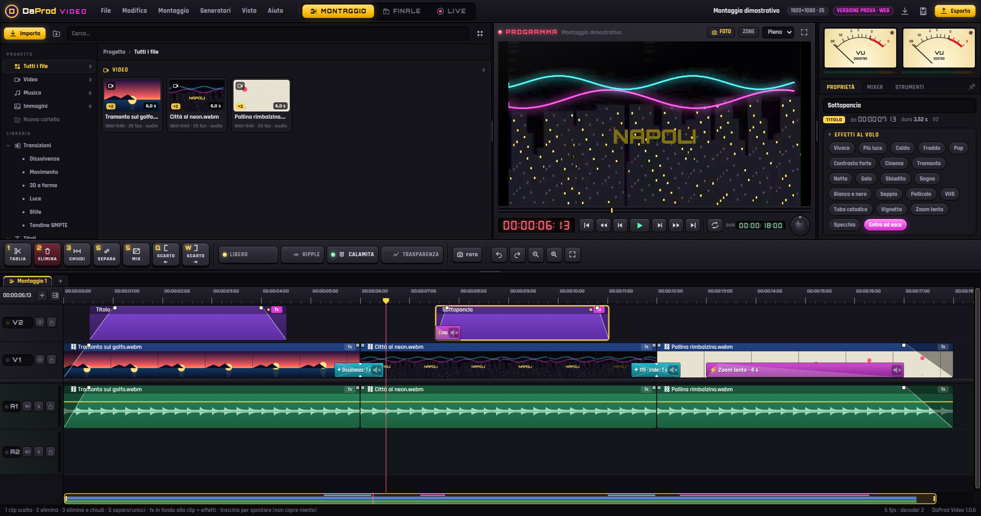 Il banco di montaggio DaProd Video: Player, Recorder, pulsantiera e timeline