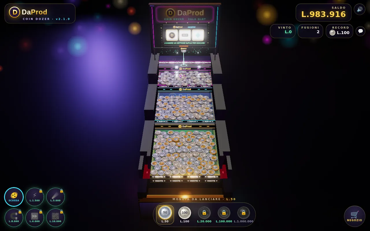 Coin Dozer: la macchina a tre piani piena di monete, lo slot in alto e le abilità a sinistra