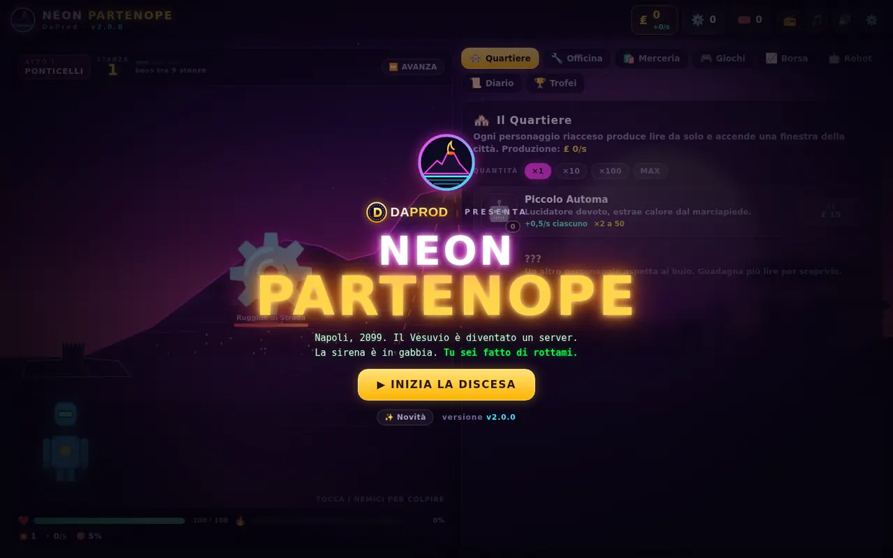 Neon Partenope: la schermata iniziale col Vesuvio al neon e il tasto INIZIA LA DISCESA