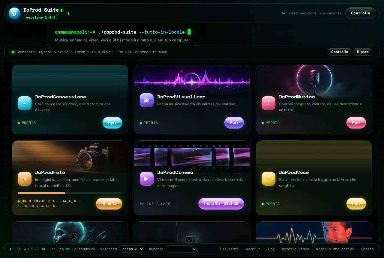 La home di DaProd Suite 1.4.0: vetro scuro, pioggia verde e le app affiancate, Foto che scarica Qwen-Image 2.1