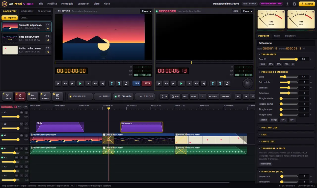 DaProd Video: Player e Recorder, pulsantiera coi tasti numerati, timeline con titoli e clip, VU a lancetta