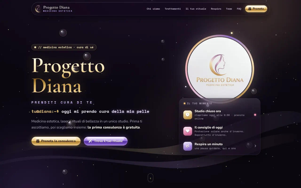 Progetto Diana: il titolo in oro liquido, lo specchio-luna col logo e il pannello Il tuo momento