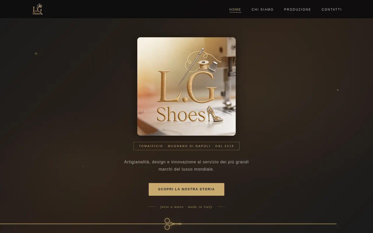 LG Shoes: il logo dorato col filo e l'ago, Tomaificio Mugnano di Napoli dal 2018