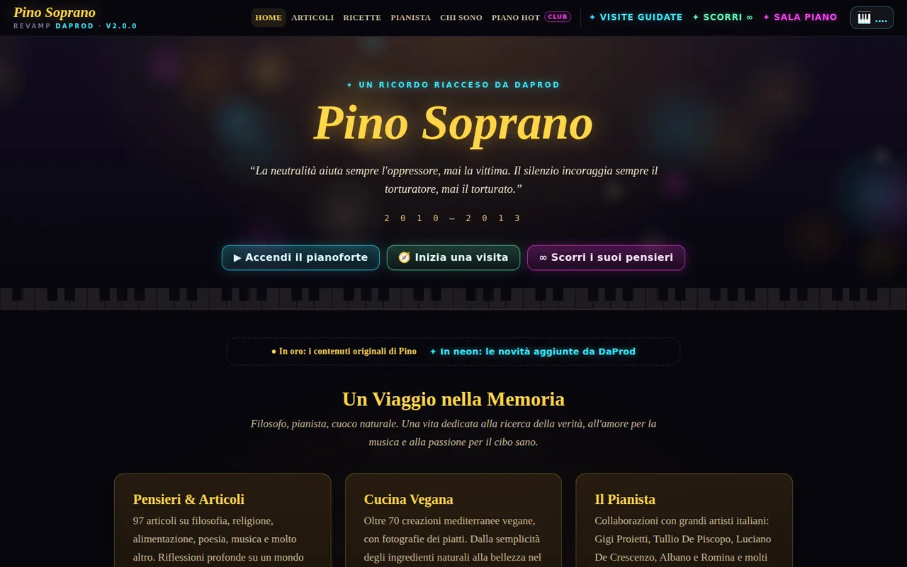 Pino Soprano: il titolo in oro, la citazione e i tasti Accendi il pianoforte, Inizia una visita, Scorri i suoi pensieri